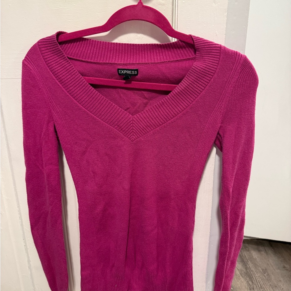 Express Women's Fuchsia V-Neck Sweater